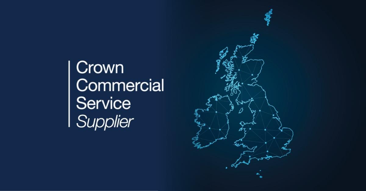 UK outline with network lines. Crown Commercial Service Supplier logo