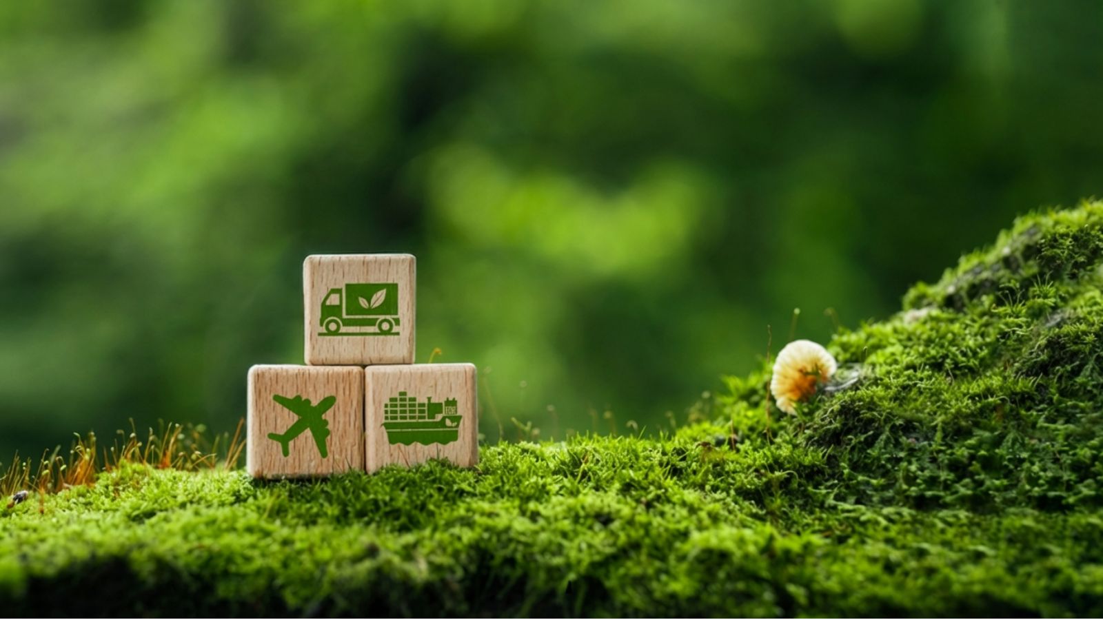 bright green image of moss and blurred background with wooden cubes illustrating road, sea and air travel.