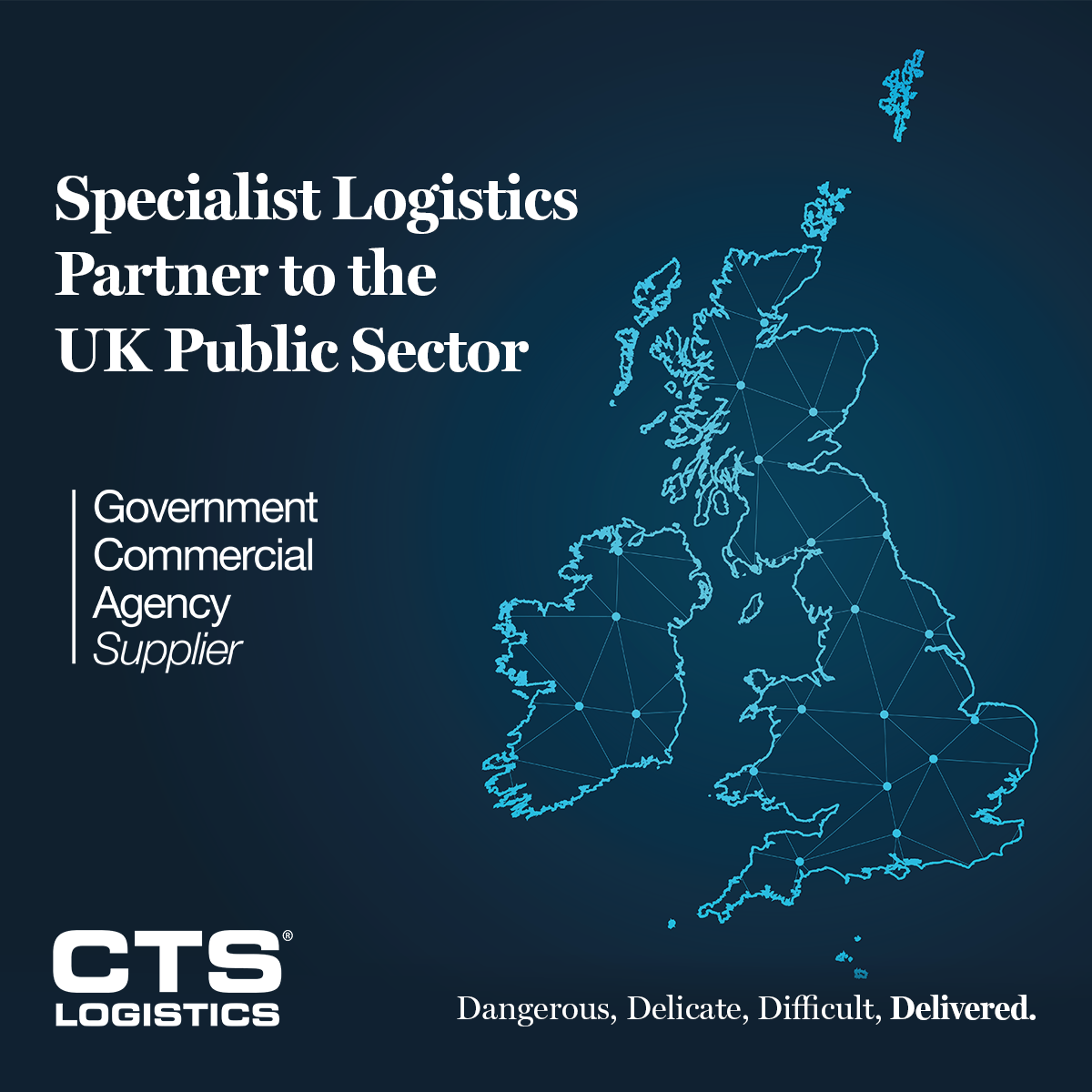 UK outline with network lines. Government Commercial Agency Supplier logo with text. Specialist Logistics Partner to the UK Public Sector.