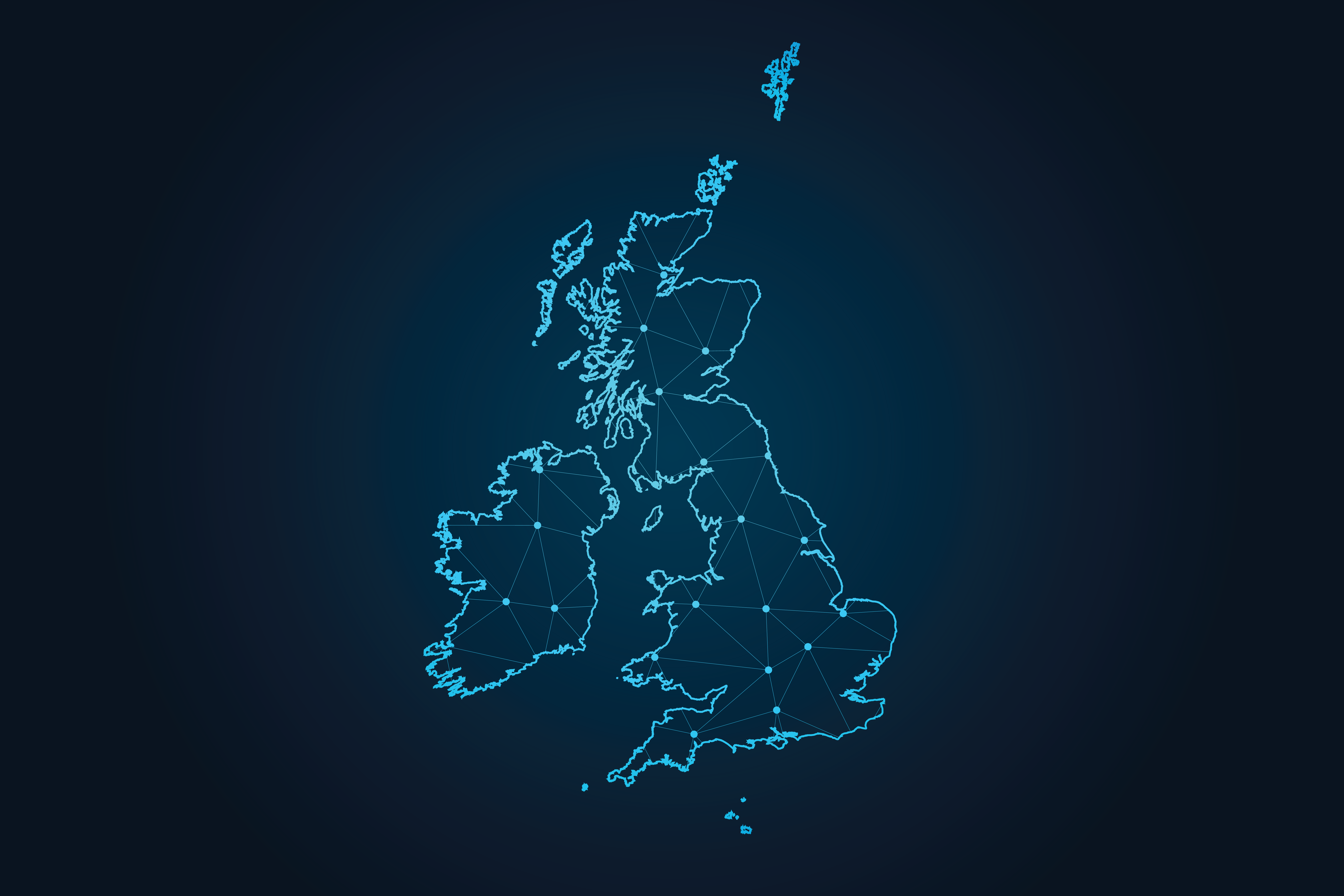 dark blue graphic with glowing outline of the UK and Ireland